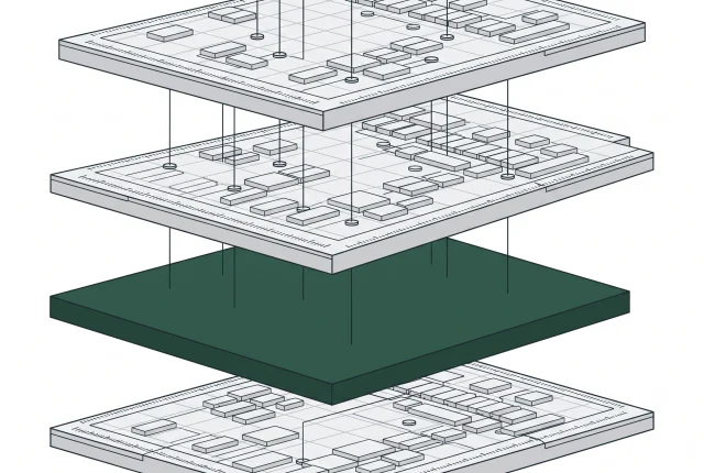Diagrama isométrico em vista explodida: quatro planos empilhados, o terceiro uma laje verde sólida, com linhas descendo do topo e parando nela.